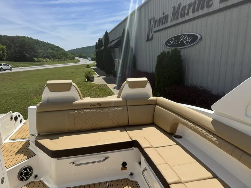 Slide: The Image of 2026 Sea Ray SDX290 boat with beige interior at Erwin Marine. - 10
