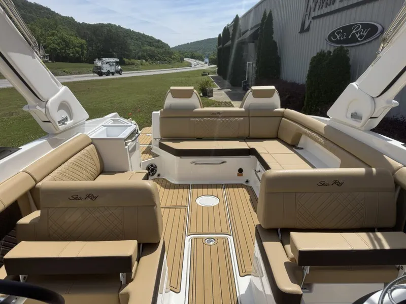 Slide: The Image of Interior of 2026 Sea Ray SDX290 with luxurious seating. - 27