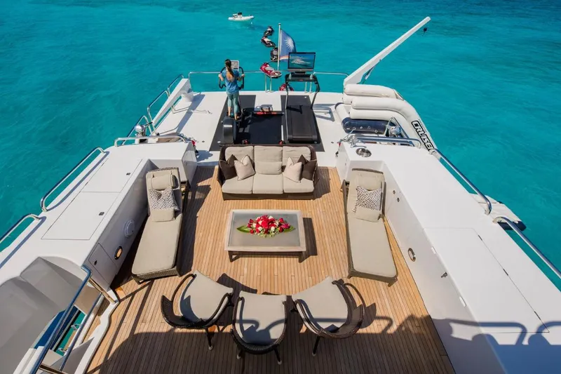 Slide: The Image of Luxurious Van Mill 143 Tri-Deck Motor Yacht, 1988, with elegant deck seating and turquoise waters. - 14
