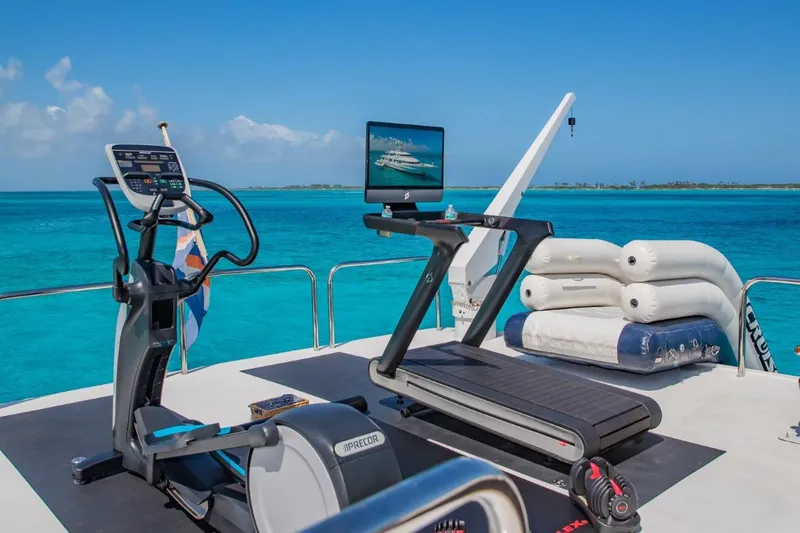 Slide: The Image of Outdoor gym on Van Mill 143 Tri-Deck Motor Yacht, 1988, with ocean view. - 16