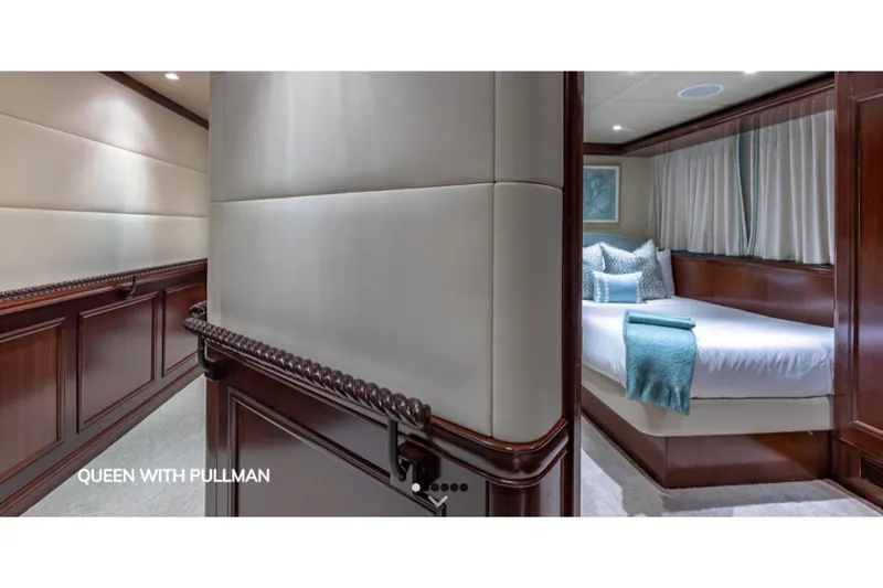 Slide: The Image of Luxurious bedroom interior on 1988 Van Mill 143 Tri-Deck Motor Yacht, featuring queen bed with Pullman. - 43