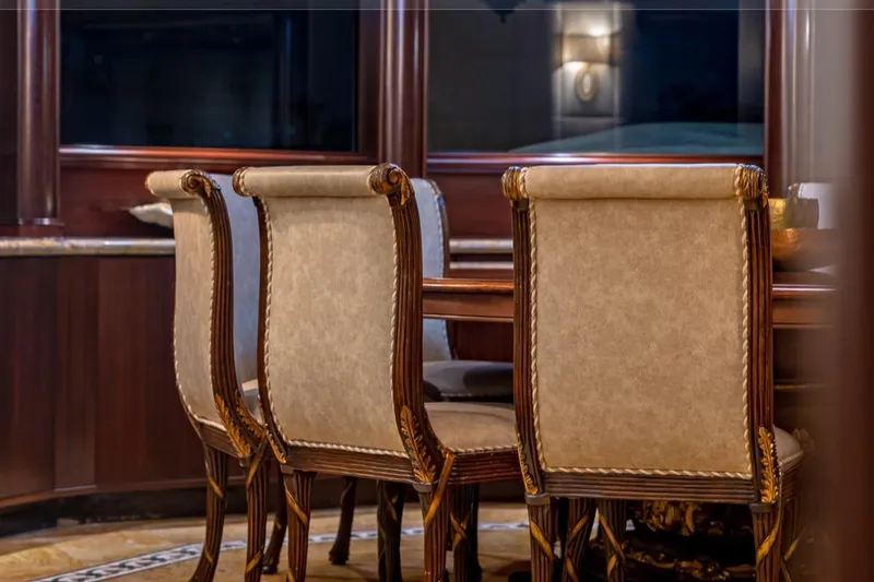 Slide: The Image of Luxurious dining area with elegant chairs on Van Mill 143 Tri-Deck Motor Yacht, 1988. - 72