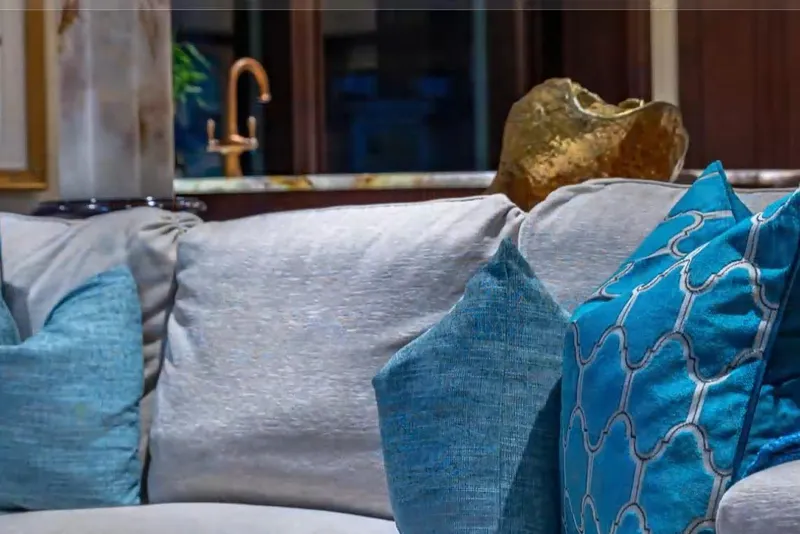 Slide: The Image of Luxurious interior of 1988 Van Mill 143 Tri-Deck Motor Yacht with elegant blue cushions. - 77