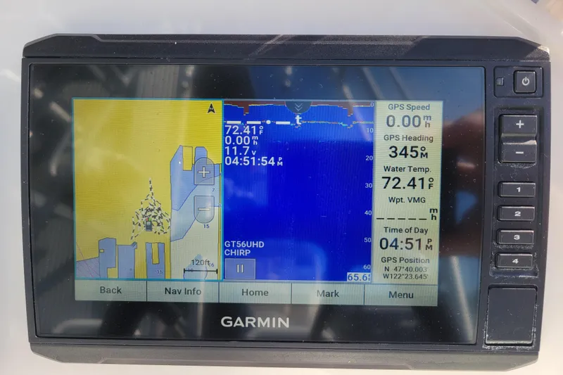 Slide: The Image of Garmin GPS display on 2022 Highfield Sport 460, showing navigation and water temperature. - 10