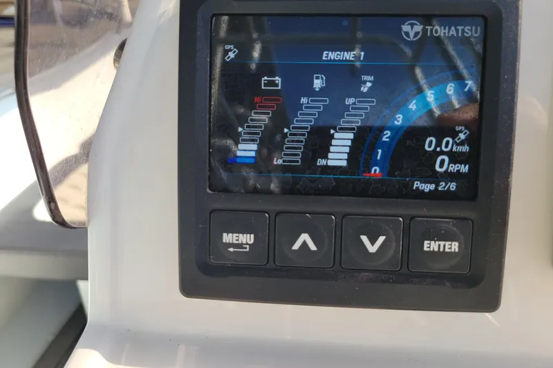 Slide: The Image of Dashboard display of a 2022 Highfield Sport 460 boat showing engine metrics. - 11