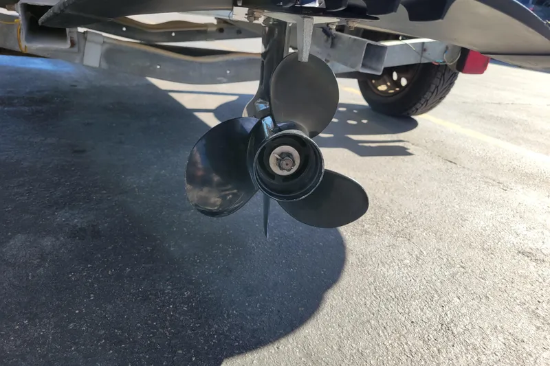 Slide: The Image of Propeller of a 2022 Highfield Sport 460 boat on a trailer in sunlight. - 22