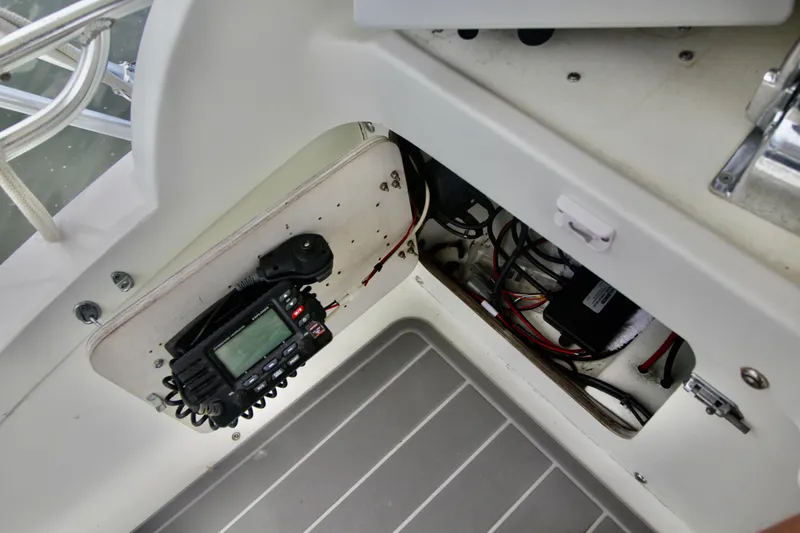 Slide: The Image of Interior view of a 1970 Bertram 31 Sportfisher boat showing radio equipment and wiring. - 8