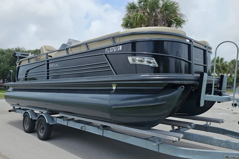 Slide: The Image of 2020 Regency 230 LE3 pontoon boat on trailer, parked near palm trees. - 11