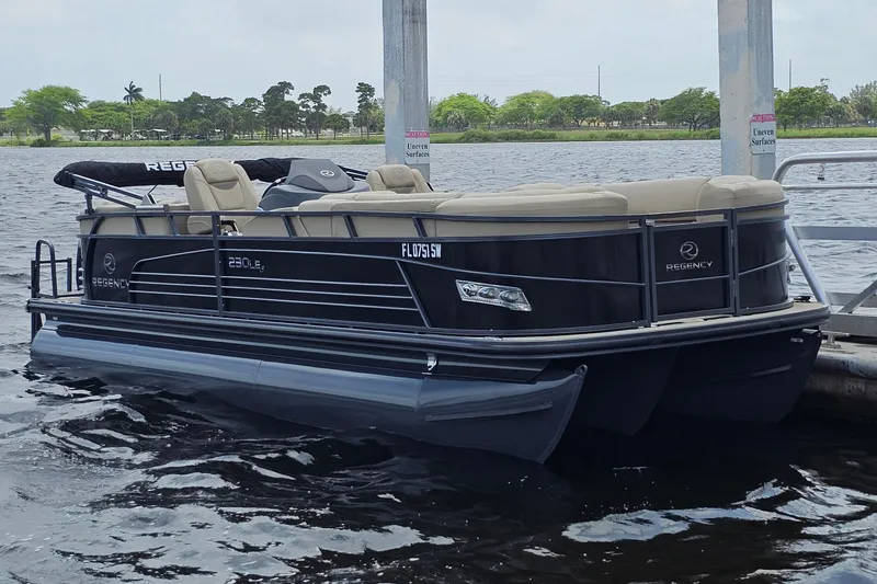 Slide: The Image of 2020 Regency 230 LE3 pontoon boat docked on a calm lake. - 18