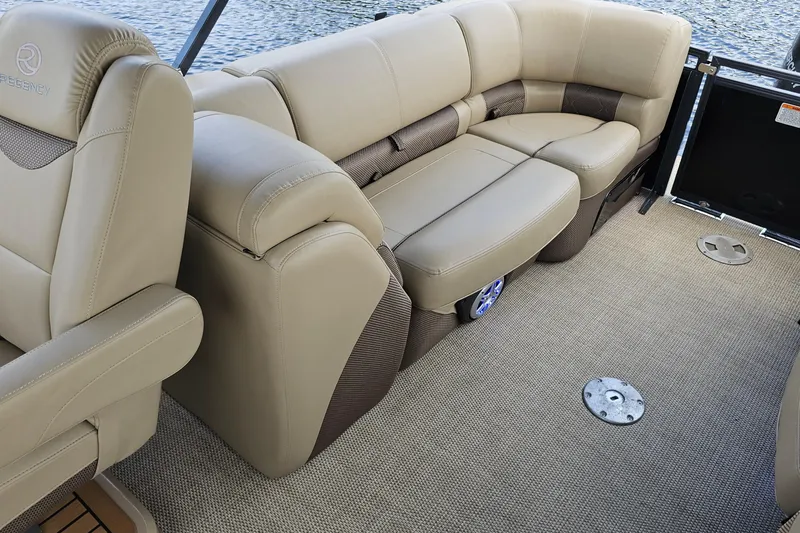 Slide: The Image of Luxurious seating on 2020 Regency 230 LE3 pontoon boat with beige upholstery. - 29