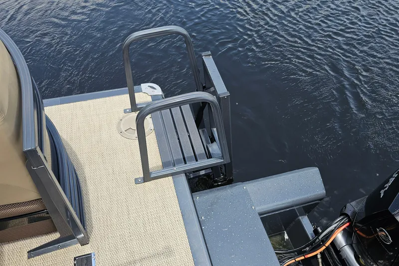 Slide: The Image of Regency 230 LE3 boat ladder and deck, 2020 model, on water. - 32