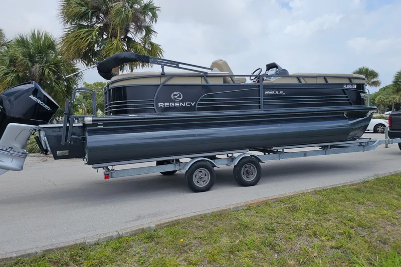 Slide: The Image of 2020 Regency 230 LE3 pontoon boat on trailer, parked near palm trees. - 9
