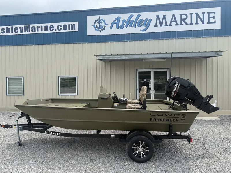 The Image of 2026 Lowe Roughneck 1650SC boat in front of Ashley Marine building. - 1