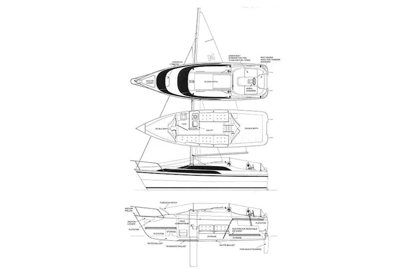Slide: The Image of Blueprint of a 2005 MacGregor 26 sailboat, showing detailed interior and exterior layout. - 3