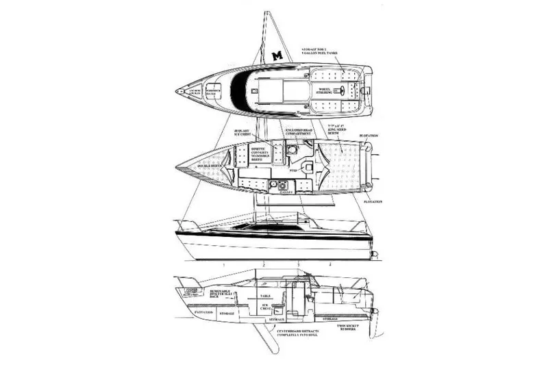 Slide: The Image of Blueprint of a 1997 MacGregor 26X sailboat, showcasing interior layout and design features. - 2