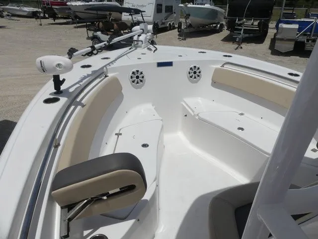 Slide: The Image of Interior view of a 2018 Tidewater 22 LXF boat with seating area. - 18