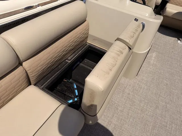 Slide: The Image of 2023 Montego Bay Pontoons C8520 DLX seating with storage compartment. - 7