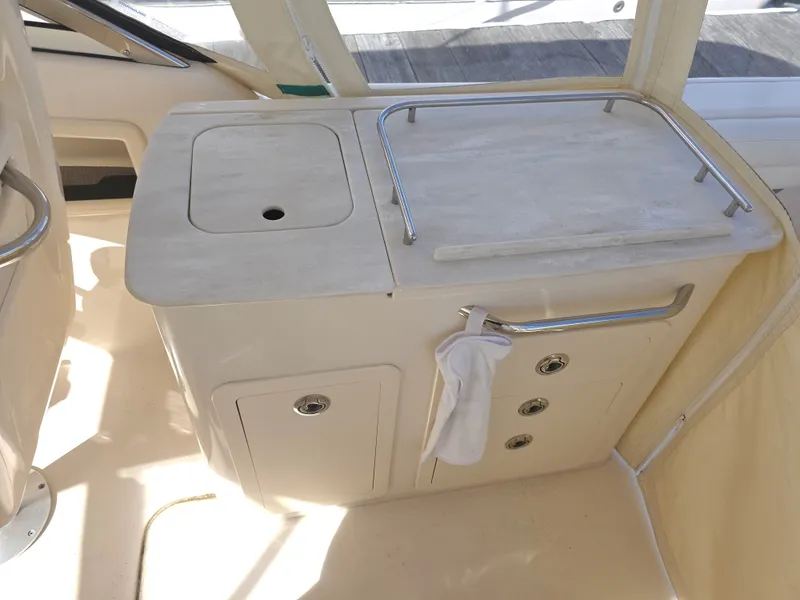 Slide: The Image of Interior of 2019 Grady-White Freedom 275 with storage and countertop. - 12