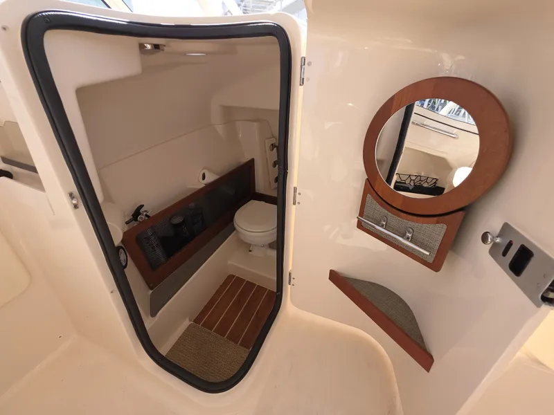 Slide: The Image of Interior of 2019 Grady-White Freedom 275 with toilet and mirror. - 16
