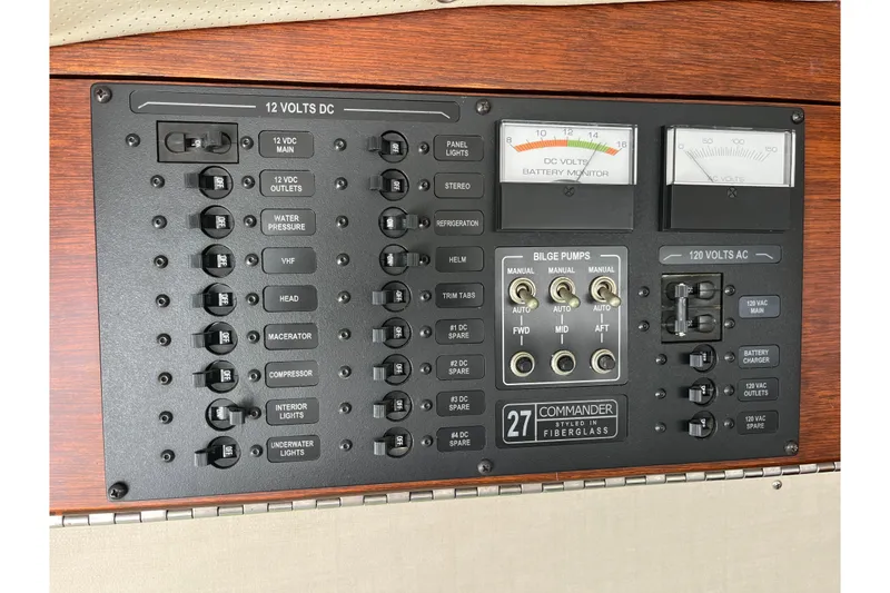 Slide: The Image of 1966 Chris-Craft 27 Commander control panel with switches and gauges for electrical systems. - 46
