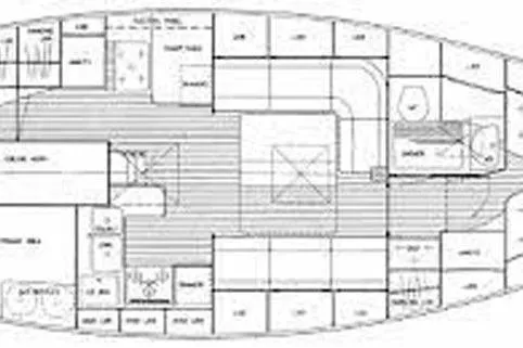 Slide: The Image of Floor plan of a 1997 Hallberg-Rassy 39 sailboat, showcasing cabin layout and amenities. - 31