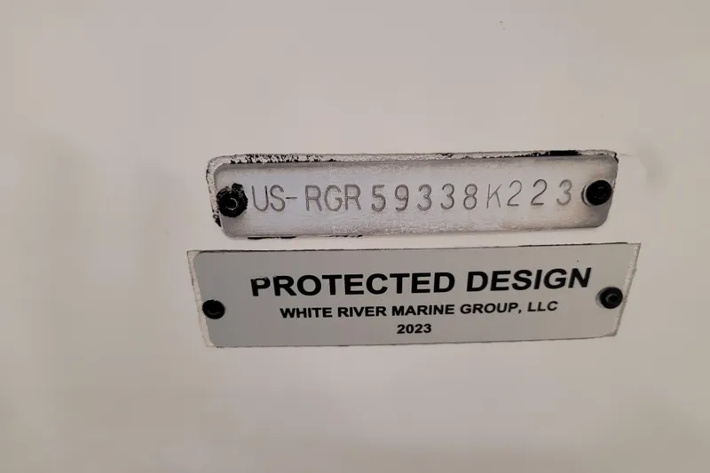 Slide: The Image of 2023 Ranger Z521R boat identification plate, protected design by White River Marine Group. - 34
