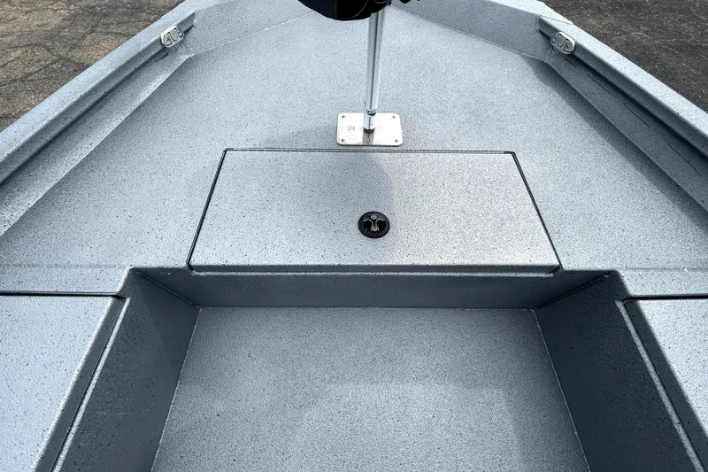 Slide: The Image of 2026 Xpress H20B Bay boat deck with storage compartment, gray finish. - 19