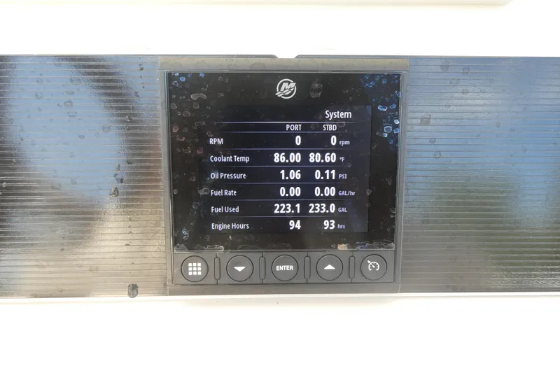 Slide: The Image of Dashboard display of a 2019 Boston Whaler 270 Dauntless boat showing engine metrics. - 13