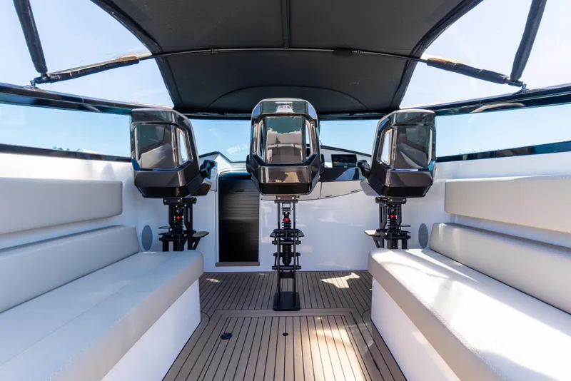 Slide: The Image of Interior view of 2022 Wajer 38 boat with three outboard engines. - 9