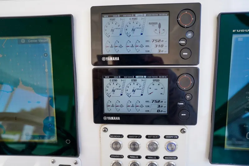 Slide: The Image of Control panel of a 2017 Intrepid 475 Sport Yacht with Yamaha displays. - 47