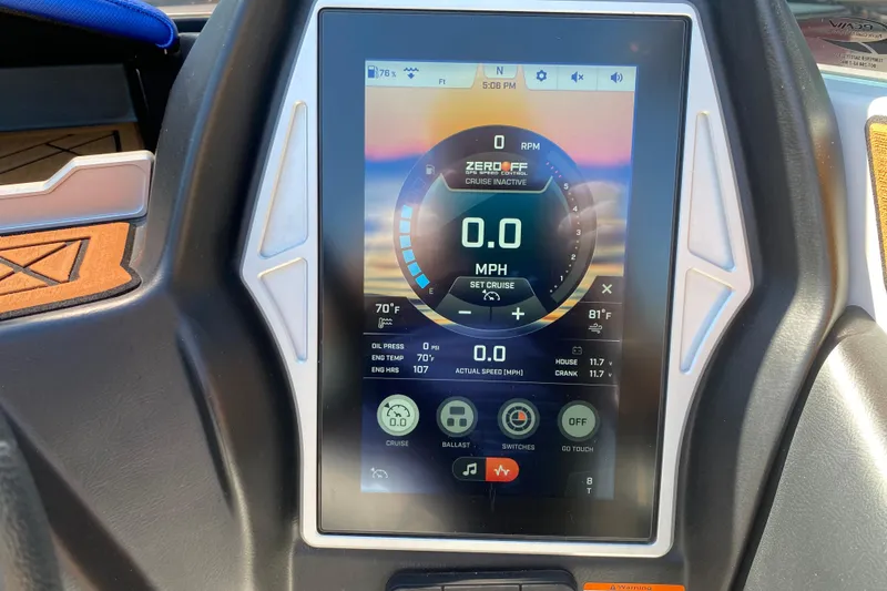 Slide: The Image of Touchscreen display of a 2021 Tigé Z3 boat showing speed and control settings. - 29
