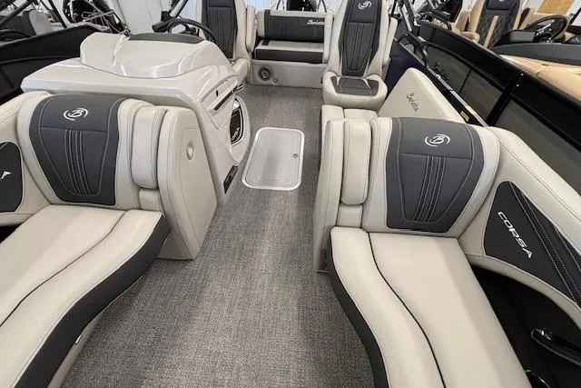 Slide: The Image of Luxurious interior of 2026 Barletta Corsa 23UC pontoon boat with plush seating. - 10