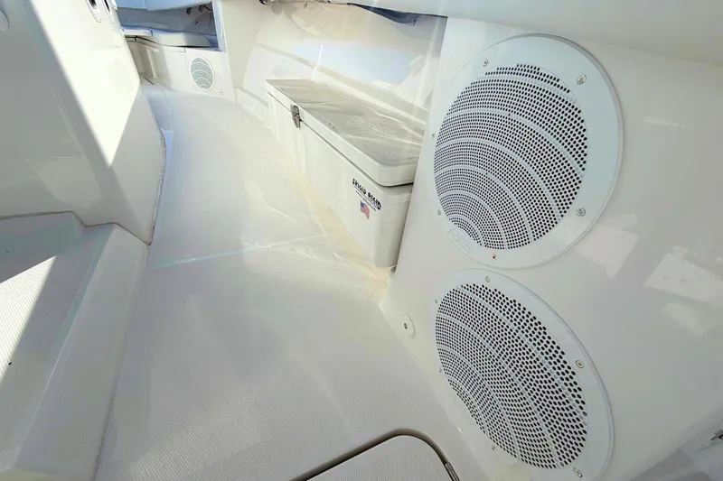 Slide: The Image of Interior of 2020 HCB 42 Siesta boat featuring speakers and storage compartment. - 18