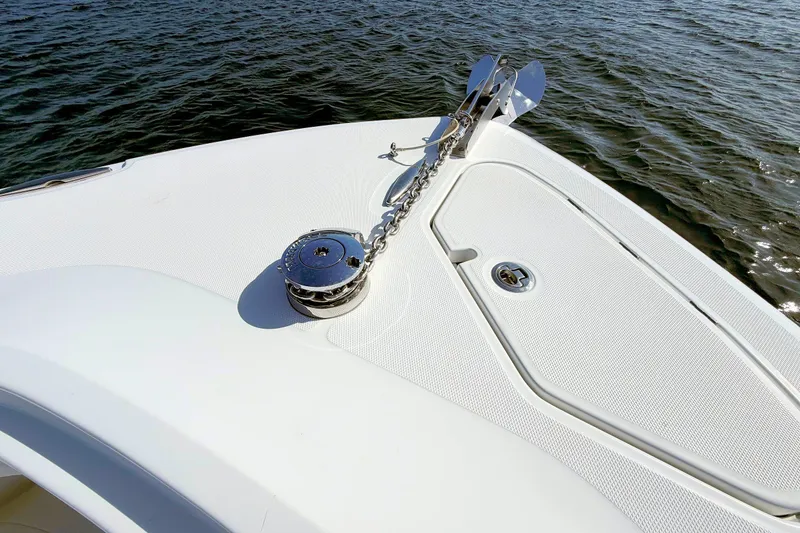 Slide: The Image of Bow of 2020 HCB 42 Siesta boat with anchor chain and winch. - 21