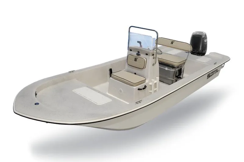 Slide: The Image of Manufacturer Provided Image: 2025 Carolina Skiff E18 JVX CC boat, center console, beige interior, outboard motor. - 3