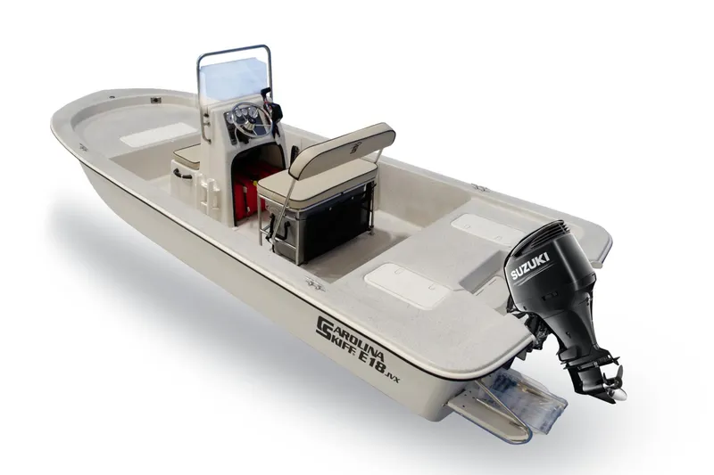 Slide: The Image of Manufacturer Provided Image: 2025 Carolina Skiff E18 JVX CC boat with Suzuki outboard motor, side view. - 4