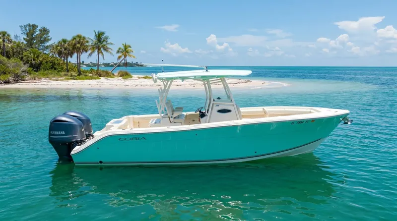 The Image of 2015 Cobia 296 Center Console boat near tropical beach. - 1