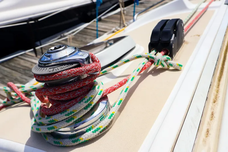 Slide: The Image of Close-up of winch and ropes on 1998 J Boats J/32 sailboat deck. - 22