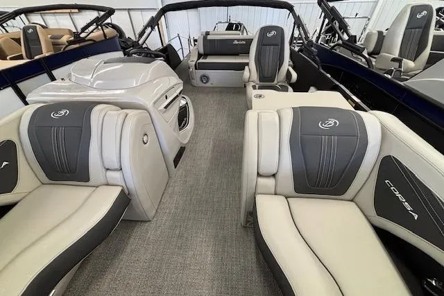 Slide: The Image of 2026 Barletta Corsa 23UC pontoon boat interior with luxurious seating and modern design. - 12