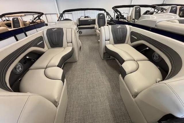 Slide: The Image of Luxurious interior of 2026 Barletta Corsa 23UC pontoon boat with plush seating. - 9