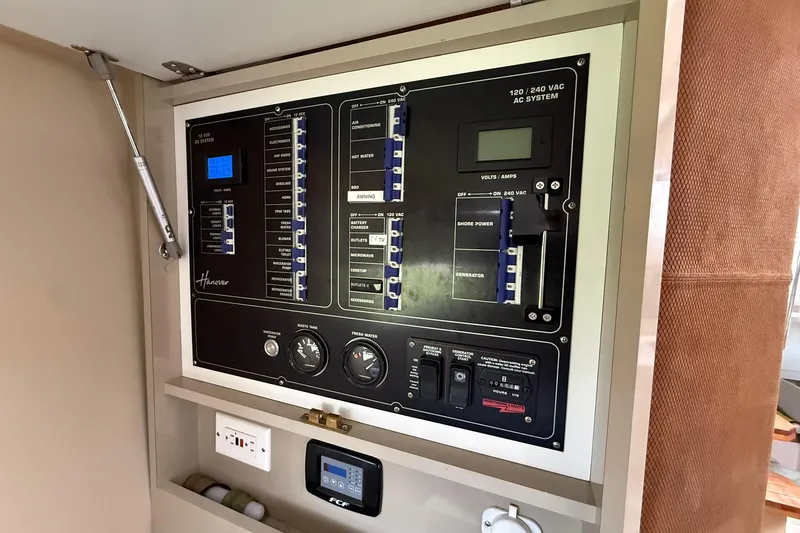 Slide: The Image of 2024 Hanover 387 electrical control panel with switches and gauges for AC/DC systems. - 35