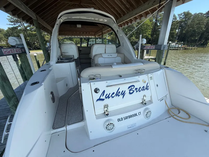 Slide: The Image of 2012 Sea Ray Sundancer 350 boat at dock, "Lucky Break." - 5