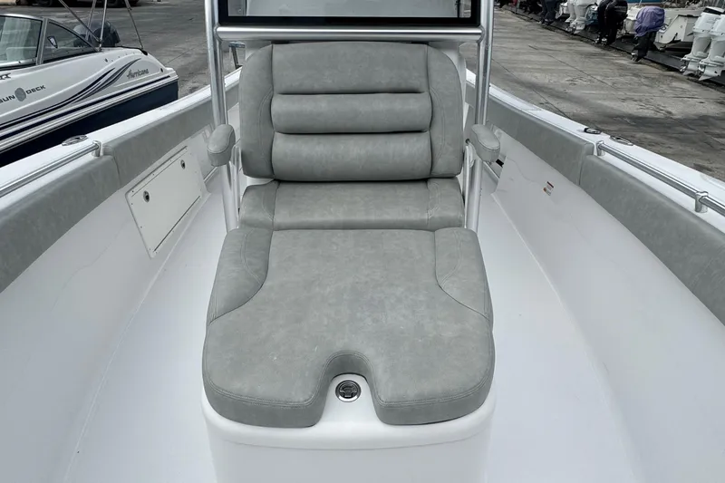 Slide: The Image of 2020 Sportsman Open 282TE Center Console with gray cushioned seating. - 10