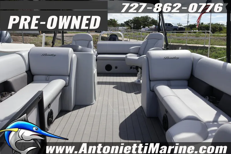 Slide: The Image of Pre-owned 2026 Bentley Pontoons Legacy 243 Swingback with luxurious seating, available at Antonietti Marine. - 6