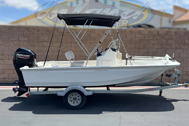 The Image of 2019 Boston Whaler 150 Montauk boat on trailer with Mercury engine, parked outdoors. - 0