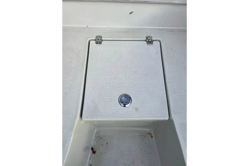 Slide: The Image of Hatch on 2010 Dusky 256 Center Console boat deck, featuring secure latch and hinges. - 38