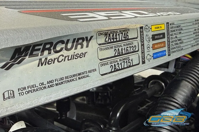 Slide: The Image of Mercury MerCruiser engine label on 2015 Crownline Eclipse E6 boat, showing serial numbers and specifications. - 23