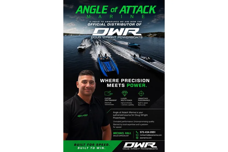 The Image of Angle of Attack Marine advertisement featuring Doug Wright Powerboats 39DWR, showcasing speed and precision. - 1