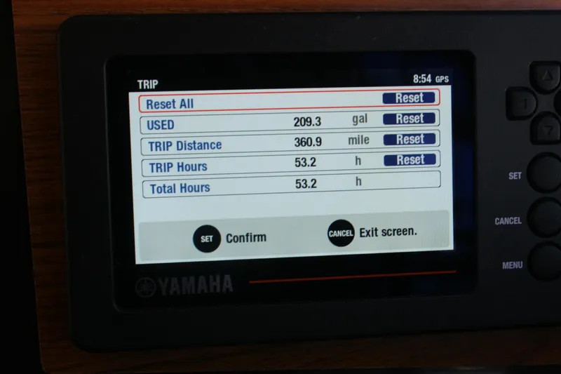 Slide: The Image of Yamaha display showing trip data on 2024 Ranger Tugs R-25 boat. - 8