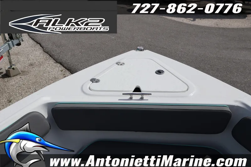 Slide: The Image of 2026 ALK2 Powerboats 22 CRS bow view with logo and contact details. - 10